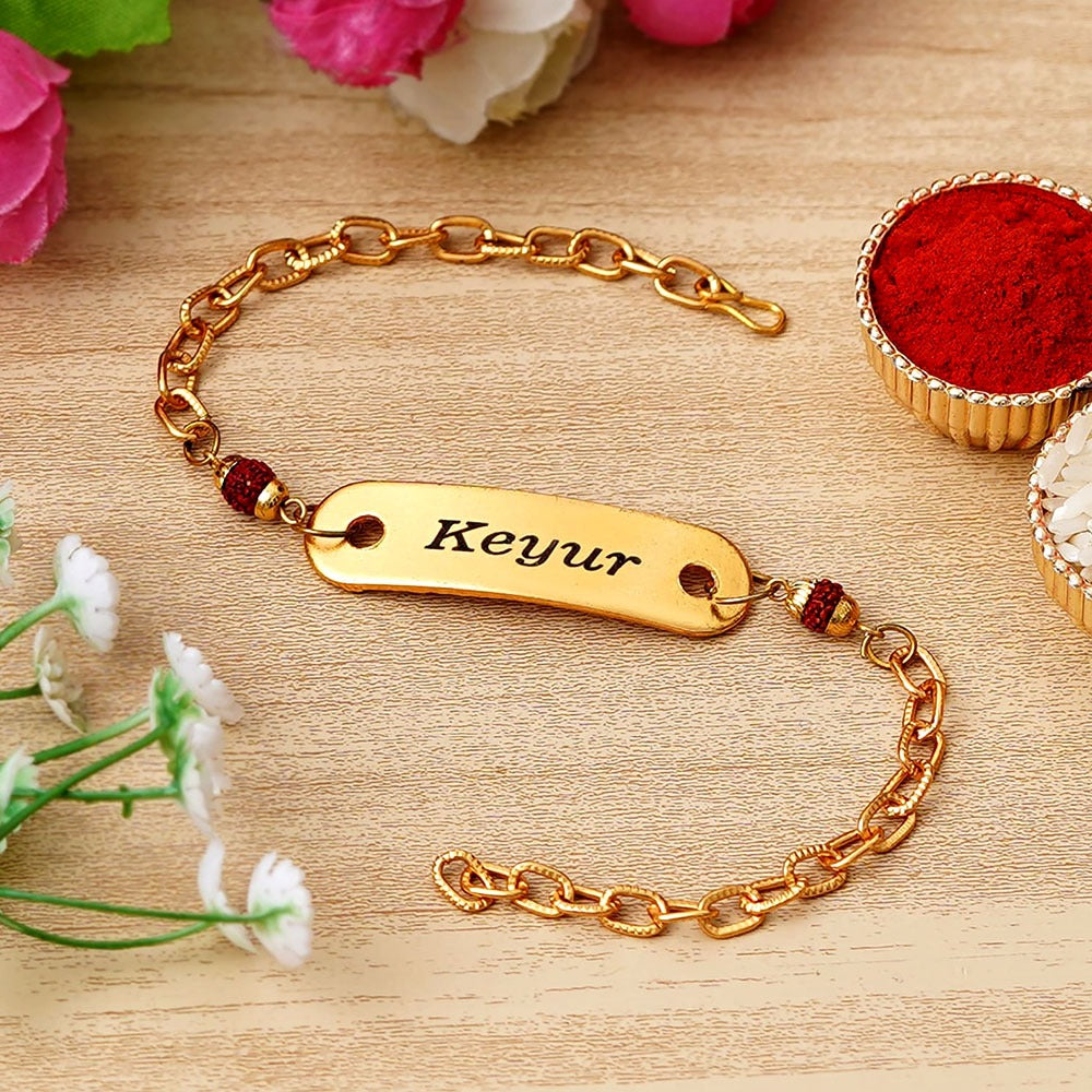 Personalized Name Rakhi With Roli Chawal Chandan Mishri Set