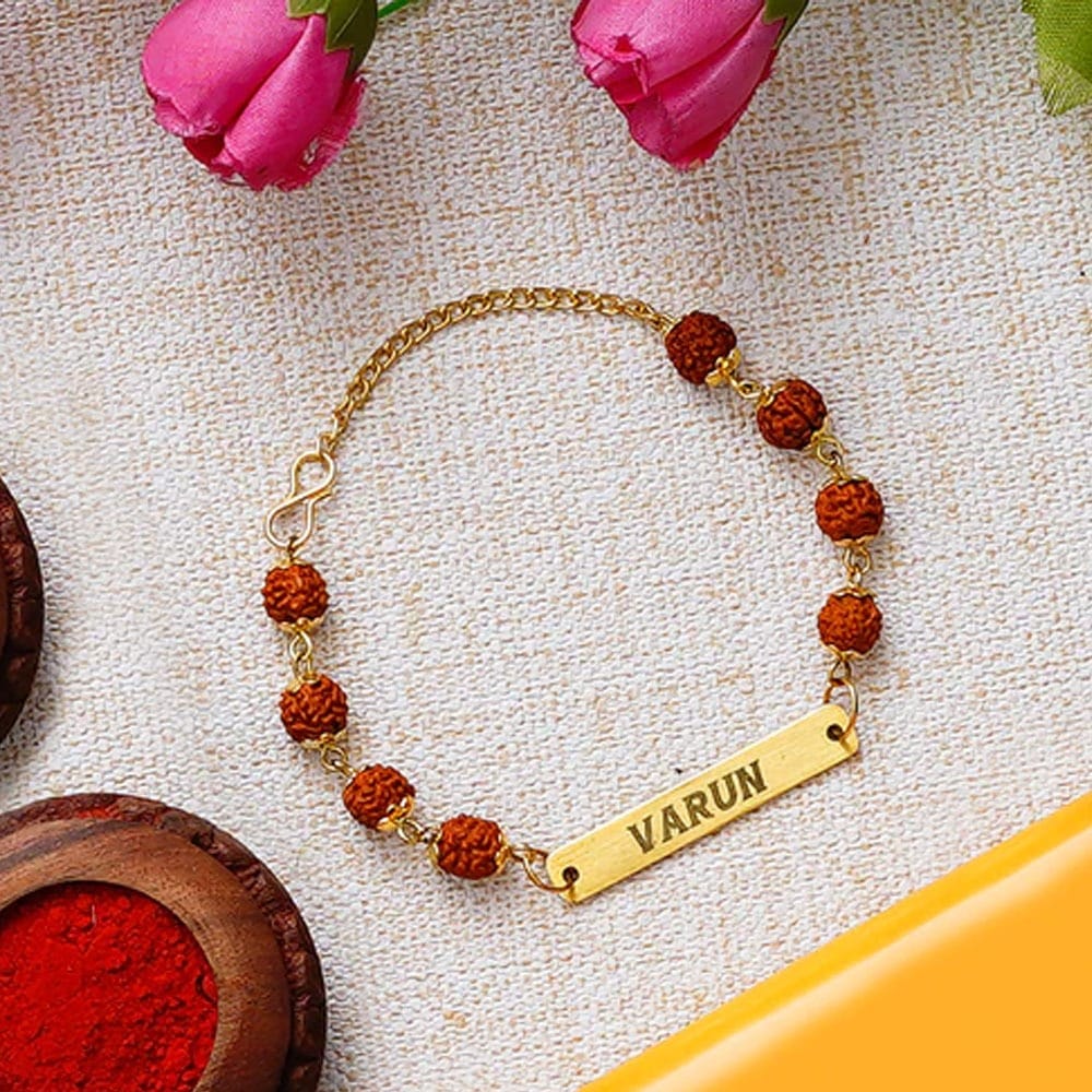 Personalized Name Rakhi With Roli Chawal Chandan Mishri Set